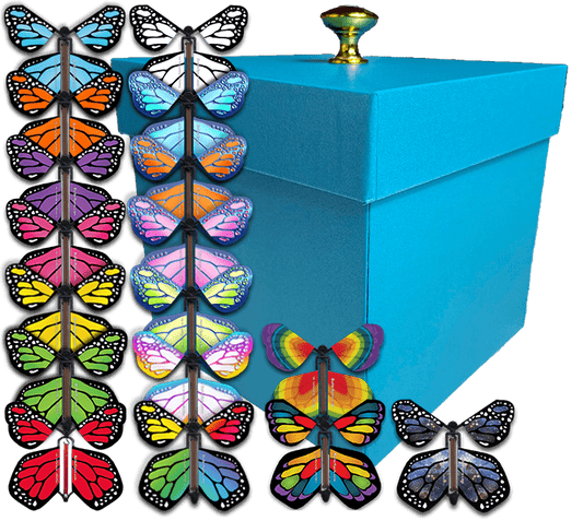 Blue Exploding Butterfly Gift Box With 4 Wind Up Flying Monarch Butterflies from butterflyers.com