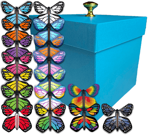 Blue Exploding Butterfly Gift Box With 4 Wind Up Flying Monarch Butterflies from butterflyers.com
