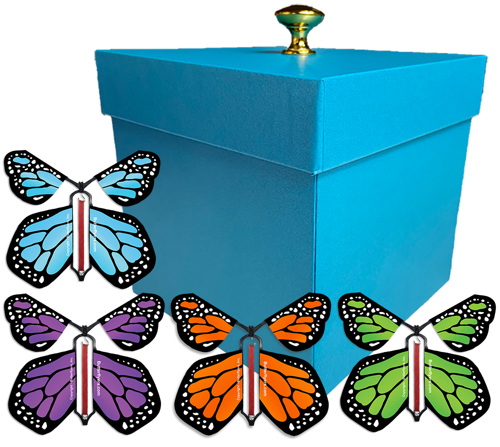 Blue Exploding Butterfly Gift Box With 4 Multi Color Monarch Wind Up Flying Butterflies from butterflyers.com