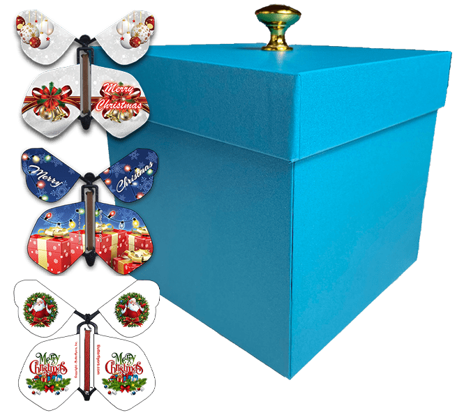 Blue Exploding Butterfly Christmas Gift Box With Christmas Flying Butterflies from butterflyers.com