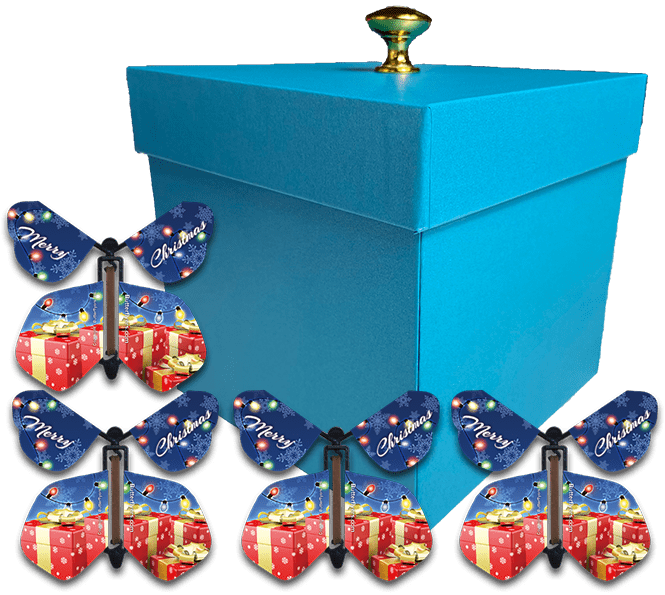 Blue Exploding Butterfly Christmas Box With Christmas Gift Flying Butterflies from butterflyers.com