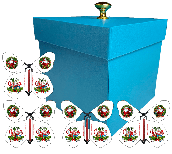 Blue Exploding Butterfly Christmas Box With Santa Christmas Flying Butterflies from butterflyers.com