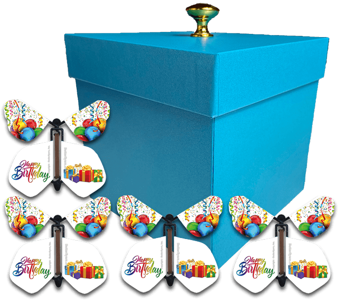 BUTTERFLYERS! Blue Exploding Butterfly Box with Birthday Flying Butterflies (Birthday Gifts Flying Butterfly x 4)