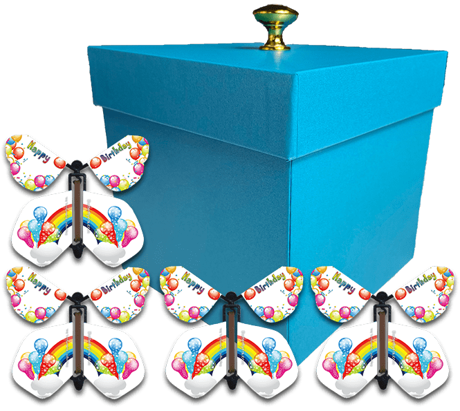 Blue Exploding Butterfly Birthday Box With 4 Birthday Rainbows Wind Up Flying Butterflies from butterflyers.com