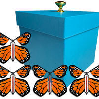 Blue Exploding Butterfly Gift Box With 4 Orange Monarch Wind Up Flying Butterflies from butterflyers.com