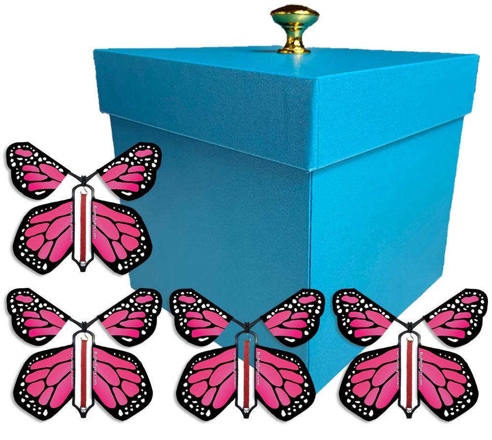 Blue Exploding Butterfly Gift Box With 4 Pink Monarch Wind Up Flying Butterflies from butterflyers.com