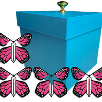 Blue Exploding Butterfly Gift Box With 4 Pink Monarch Wind Up Flying Butterflies from butterflyers.com