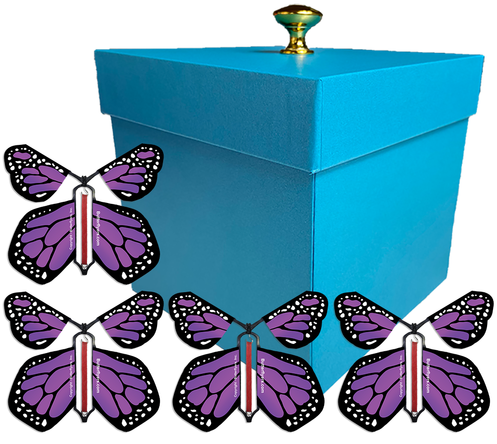 Blue Exploding Butterfly Gift Box With 4 Purple Monarch Wind Up Flying Butterflies from butterflyers.com