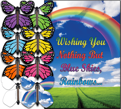 Blue Sky Rainbow greeting card with flying butterfly from butterflyers.com