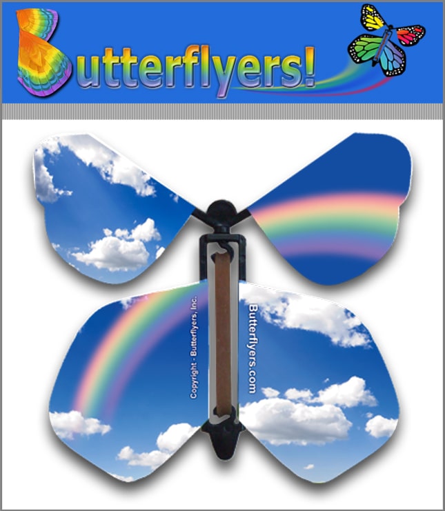 Blue Sky Rainbow Wind Up Flying Butterfly For Greeting Cards by Butterflyers.com