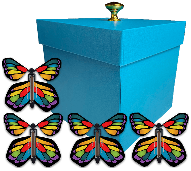 Blue Exploding Butterfly Gift Box With 4 Stained Glass Wind Up Flying Butterflies from butterflyers.com