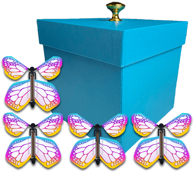 Blue Exploding Butterfly Gift Box With 4 Bismuth Color Wind Up Flying Butterflies from butterflyers.com