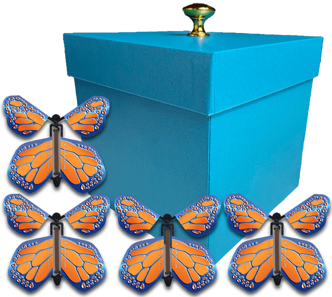 Blue Exploding Butterfly Gift Box With 4 Cobalt Orange Wind Up Flying Butterflies from butterflyers.com