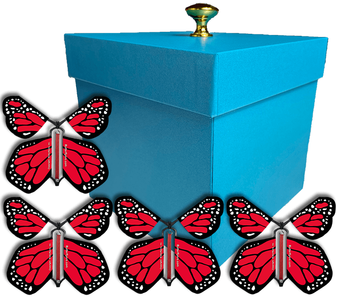 Blue Exploding Butterfly Gift Box With 4 Red Monarch Wind Up Flying Butterflies from butterflyers.com