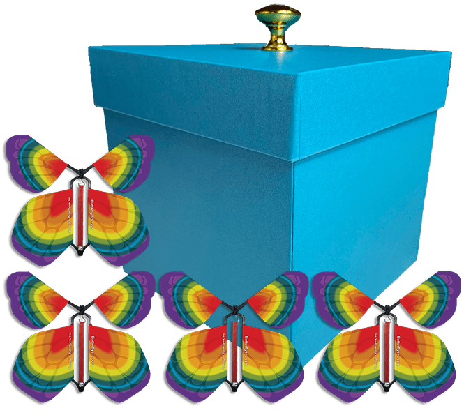 Blue Exploding Butterfly Gift Box With 4 Tye Dye Wind Up Flying Butterflies from butterflyers.com