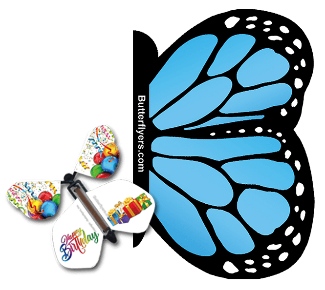 Blue Monarch Exploding Butterfly Card with Birthday Gifts wind up flying butterfly from butterflyers.com