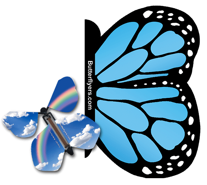 Blue Monarch Exploding Butterfly Card with Blue Sky Rainbow wind up flying butterfly from butterflyers.com