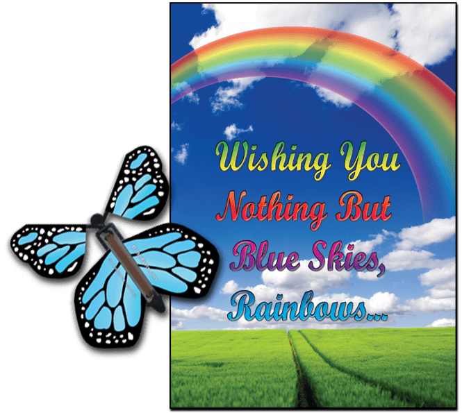 Blue Sky & Rainbow greeting card with Blue monarch flying butterfly from butterflyers.com