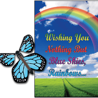Blue Sky & Rainbow greeting card with Blue monarch flying butterfly from butterflyers.com
