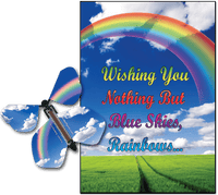 
              Blue Sky & Rainbow greeting card with Blue Sky flying butterfly from butterflyers.com
            