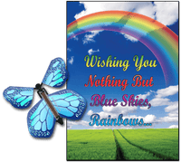 
              Blue Sky & Rainbow greeting card with Cobalt Blue monarch flying butterfly from butterflyers.com
            