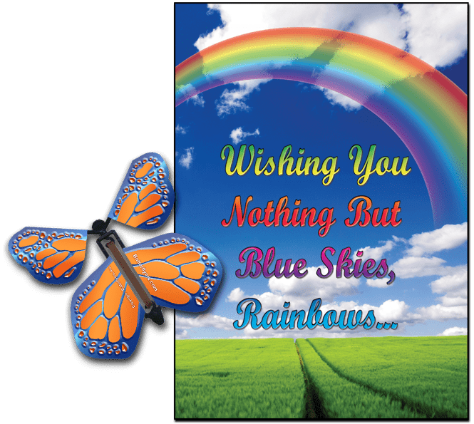 Blue Sky Rainbow greeting card with cobalt orange flying butterfly from butterflyers.com