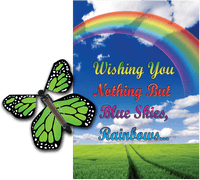 
              Blue Sky Rainbow greeting card with green flying butterfly from butterflyers.com
            
