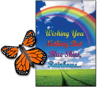 
              Blue Sky & Rainbow greeting card with Orange monarch flying butterfly from butterflyers.com
            