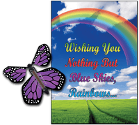 
              Blue Sky & Rainbow greeting card with Purple monarch flying butterfly from butterflyers.com
            