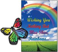 
              Blue Sky & Rainbow greeting card with Rainbow monarch flying butterfly from butterflyers.com
            
