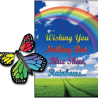 Blue Sky & Rainbow greeting card with Rainbow monarch flying butterfly from butterflyers.com