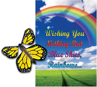 
              Blue Sky Rainbow greeting card with yellow flying butterfly from butterflyers.com
            