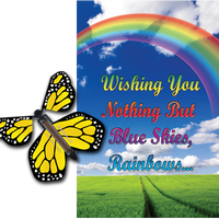 Blue Sky Rainbow greeting card with yellow flying butterfly from butterflyers.com