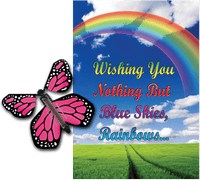 
              Blue Sky & Rainbow greeting card with Pink monarch flying butterfly from butterflyers.com
            