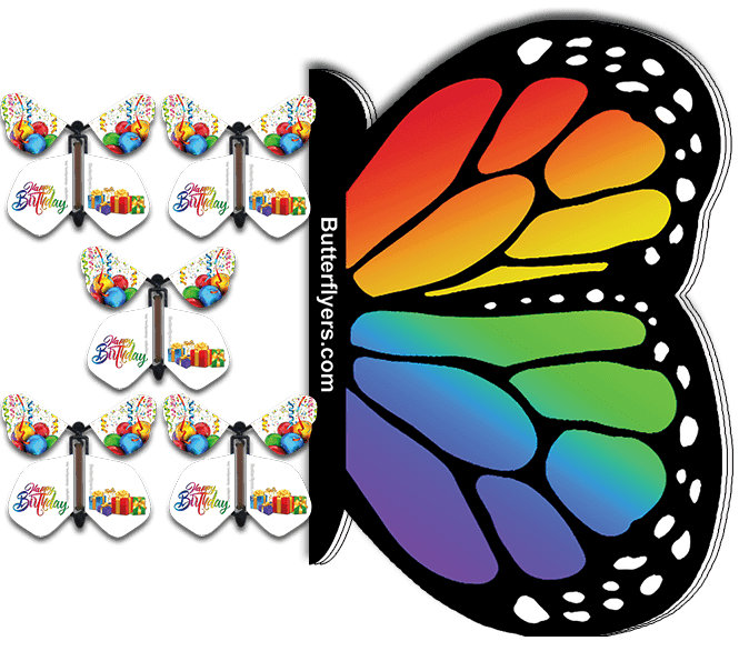 Rainbow Monarch Flying Butterfly Booklet with 5 flying birthday gifts butterflies from butterflyers.com