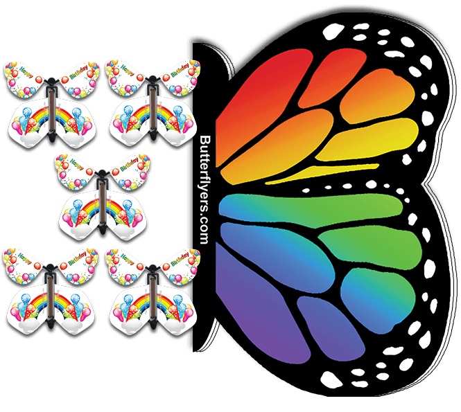 Rainbow Monarch Flying Butterfly Booklet with 5 rainbow birthday flying butterflies from butterflyers.com