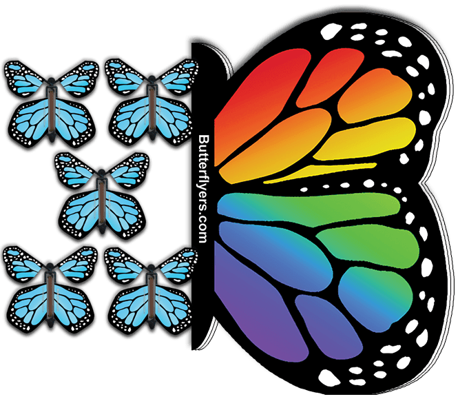 Rainbow Monarch Flying Butterfly Booklet with 5 blue monarch flying butterflies from butterflyers.com
