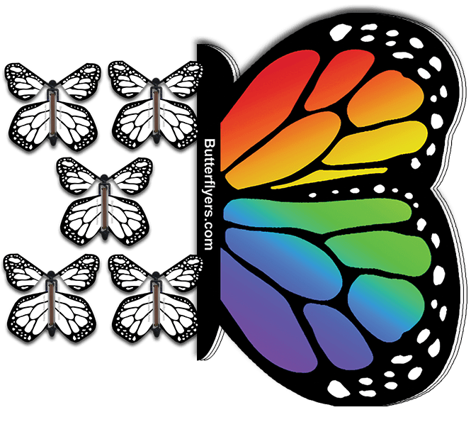 Rainbow Monarch Flying Butterfly Booklet with 5 white monarch flying butterflies from butterflyers.com