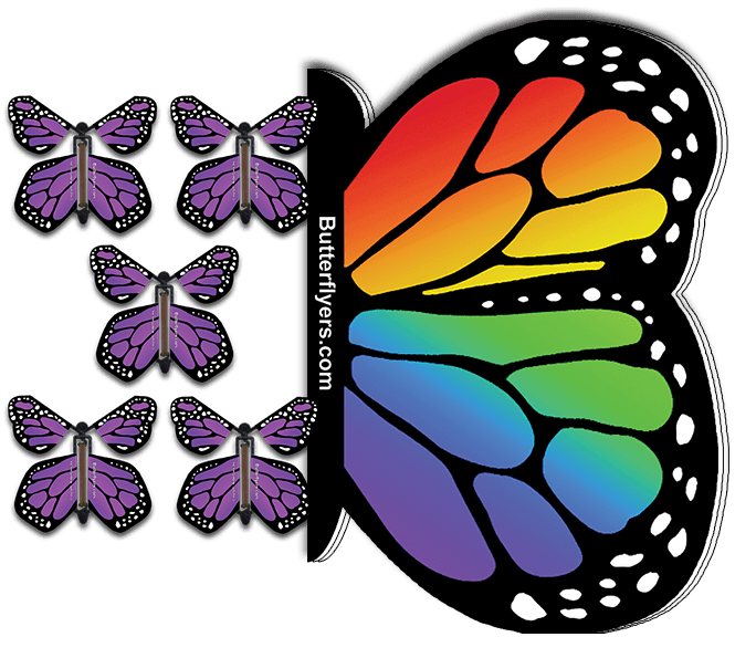 Rainbow Monarch Flying Butterfly Booklet with 5 Purple Monarch flying butterflies from butterflyers.com