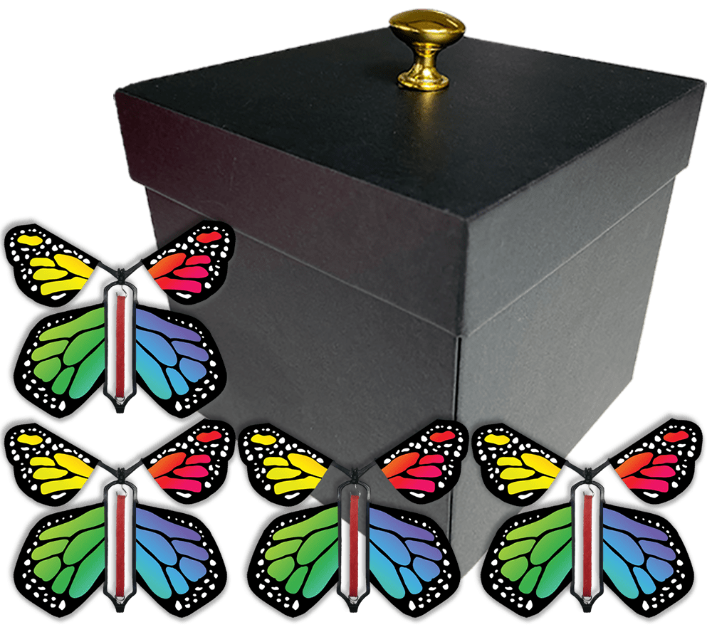 Black Easter Exploding Butterfly Gift Box With 4 Rainbow Monarch Wind Up Flying Butterflies from butterflyers.com