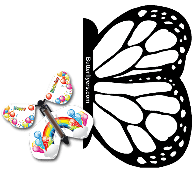 Color Me Monarch Exploding Butterfly Card with Birthday Rainbows wind up flying butterfly from butterflyers.com