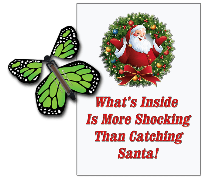 Santa Christmas Greeting Card With Green Monarch wind up flying butterfly from Butterflyers.com