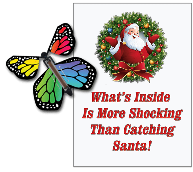 Santa Christmas Greeting Card With Rainbow Monarch wind up flying butterfly from Butterflyers.com