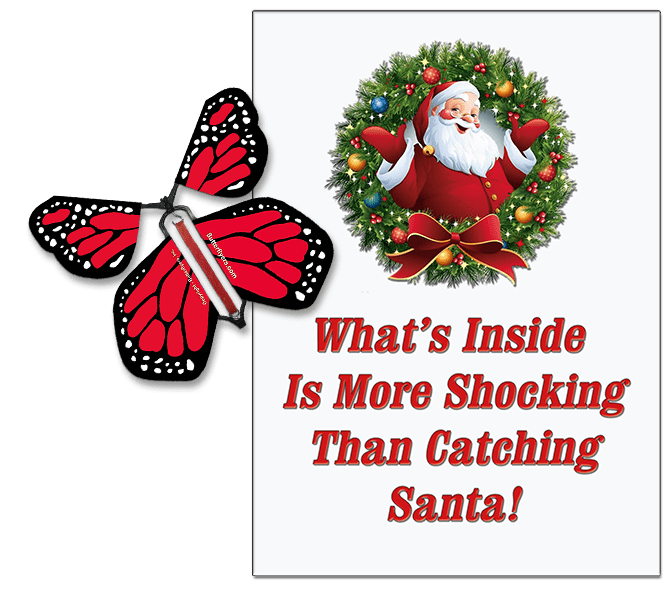 Santa Christmas Greeting Card With Red Monarch wind up flying butterfly from Butterflyers.com