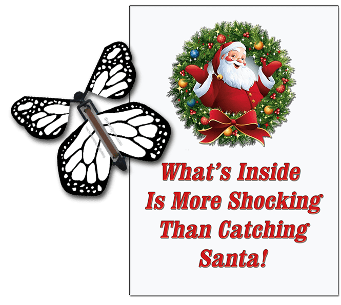 Santa Christmas Greeting Card With White Monarch wind up flying butterfly from Butterflyers.com