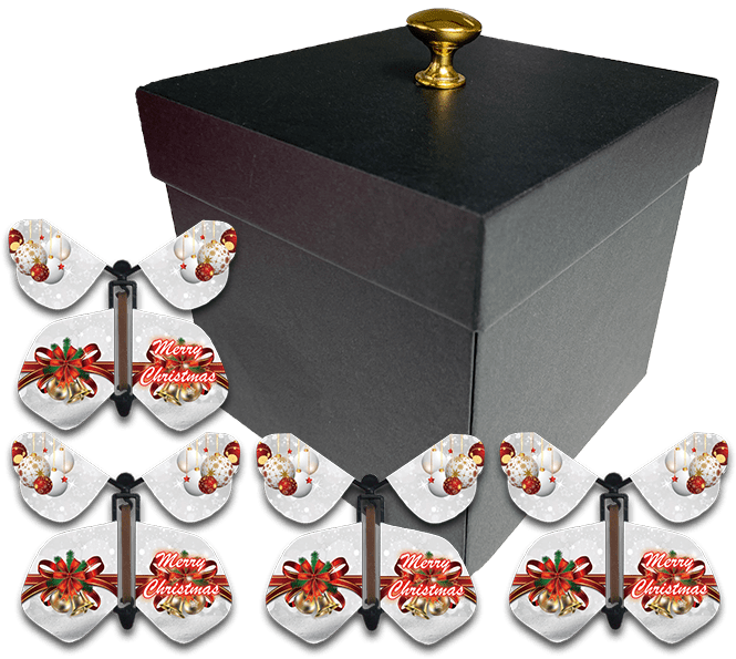 Christmas Surprise Flying Butterfly Gift Box - Black Box With 4 Bows & Bells Flying Butterflies from butterflyers.com