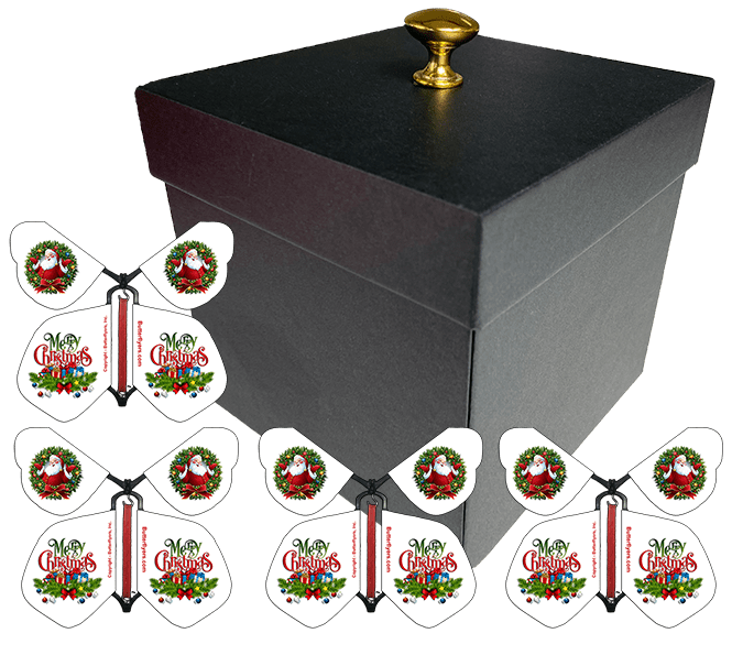 Christmas Surprise Flying Butterfly Gift Box - Black Box With 4 Santa Clause Flying Butterflies from butterflyers.com