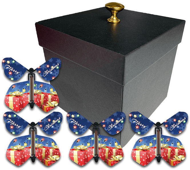 Christmas Surprise Flying Butterfly Gift Box - Black Box - Black Box With 4 Christmas Gifts Flying Butterflies from butterflyers.com