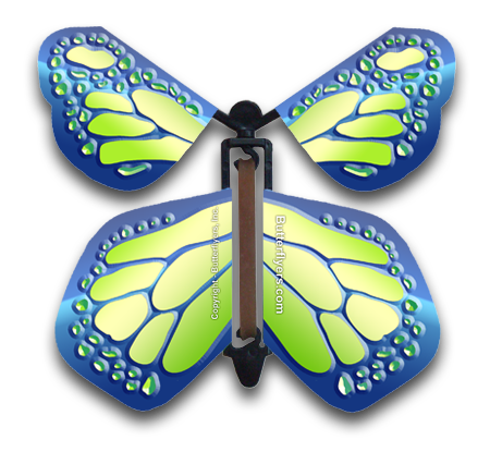 Cobalt Green Wind Up Flying Butterfly For Greeting Cards by Butterflyers.com