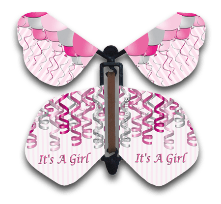 It's A Girl Wind Up Flying Butterfly For Greeting Cards by Butterflyers.com